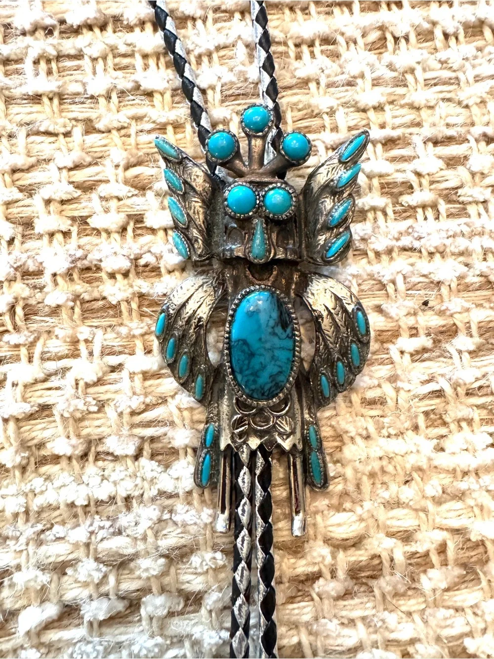 Vintage Sancrest Horned Owl Kachina Dancer Bolo Tie Faux Turquoise 1950s